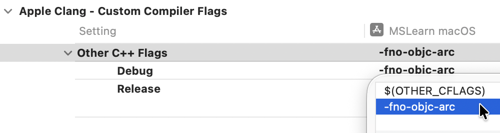Champ « Other C++ Flags » des Build Settings, contenant le flag -fno-objc-arc.